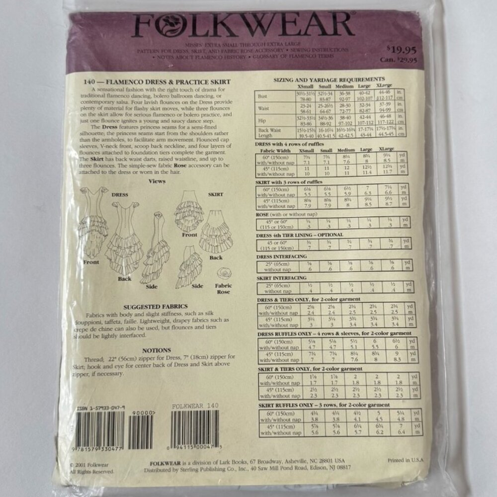 Folkwear 140 Vintage Flamenco Dress & Practice Skirt Un-Cut Pattern 2001 - Picture 2 of 3